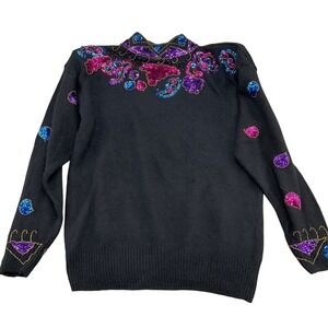 Vintage 80s Sweater Joule Energy Womens Medium Black Pink Bead Gems Angoral Siil
